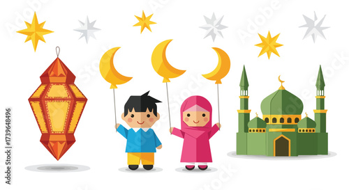Ramadan Kareem Joyful Children Holding Crescent Moons with Mosque and Lantern Illustration