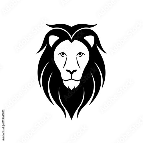 A stylized black and white illustration of a lion's head with a majestic mane design element art on transparent background silhouette