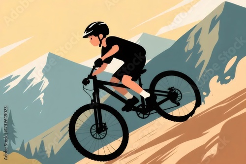 Mountain Biker Rides Downhill on Sunny