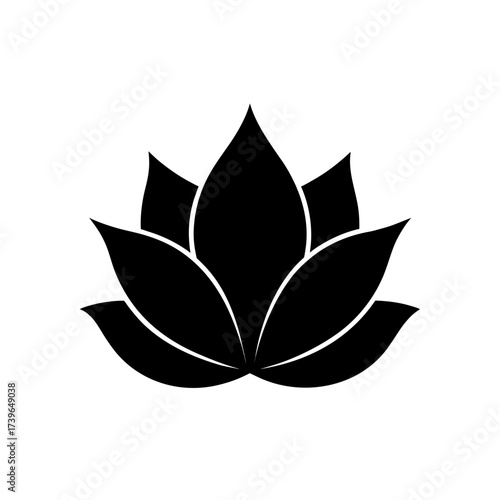 Illustration of a symmetrical stylized lotus flower with pointed petals in black and white color scheme on transparent background silhouette
