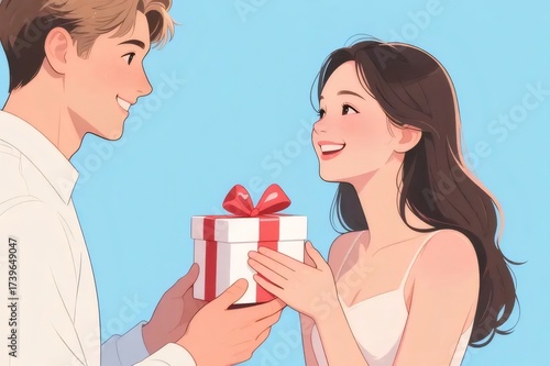 Smiling Woman Receiving Gift from Man Blue