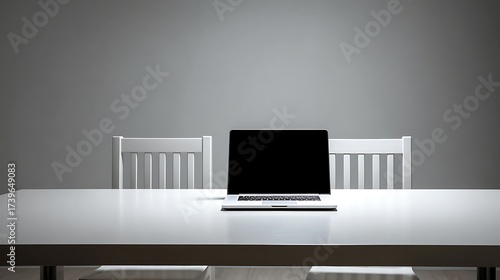 Minimalist Office Workspace with Open Laptop and White Chairs on Gray Wall Background