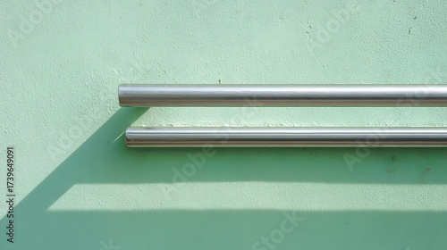 Minimalist Silver Metal Handrails on Light Green Wall with Shadow Effect