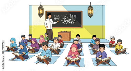 Islamic Children Learning Quran in a Traditional Madrasa Classroom with a Teacher