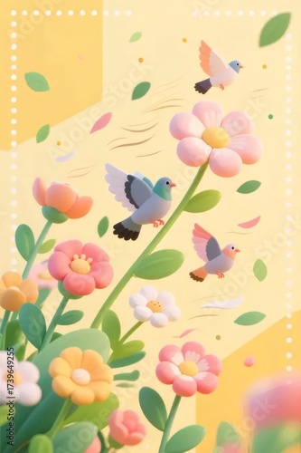 Pastel Flowers and Birds on Yellow Background