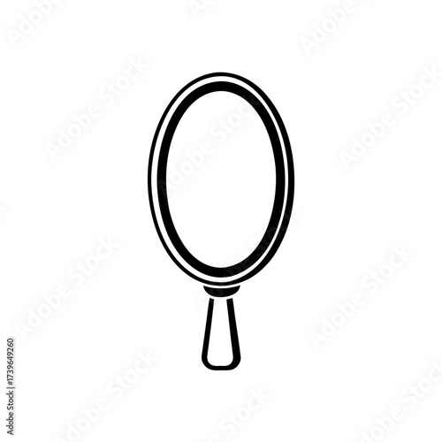 Illustration of an oval shaped hand mirror with a handle and a double rim in black and white style on transparent background silhouette