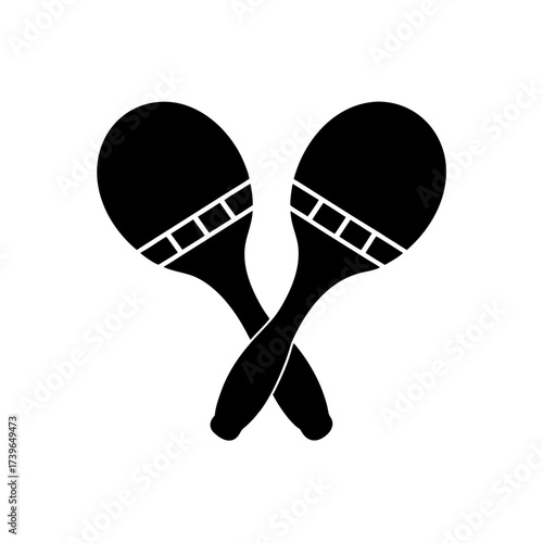 Black and white illustration of two crossed maracas with decorative bands on the instrument heads on transparent background silhouette