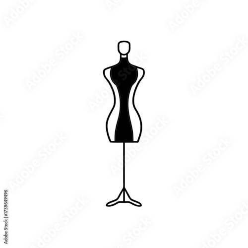 Illustration of a black and white mannequin standing on a metal stand with a simple white background on transparent background silhouette