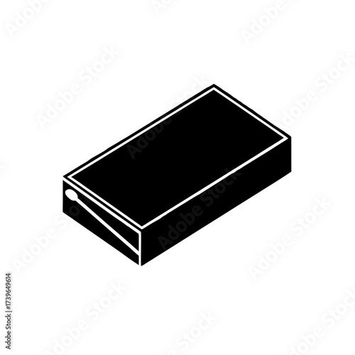 Isometric view of a black matchbox with a single match sticking out on a white background image view on transparent background silhouette
