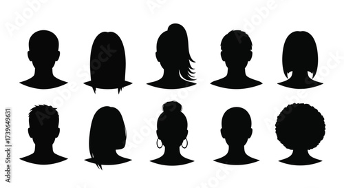 Vector illustration of set of diverse black silhouette hairstyles for men and women