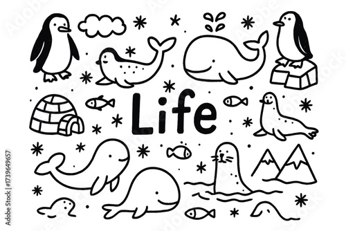 Arctic Life Doodles. Doodle arctic life with penguins, seals, and whales, center word “Life” in black and white isolated