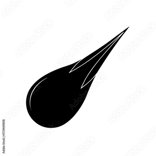 Illustration of a black comet with a teardrop shaped head and a pointed tail on a white background on transparent background silhouette