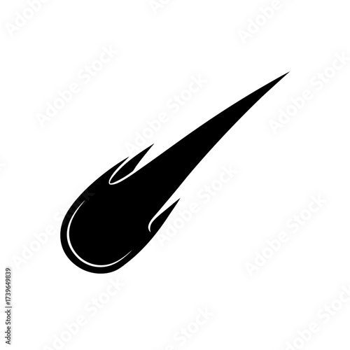 Illustration of a black comet with a pointed tail and curved head against a white background design element on transparent background silhouette