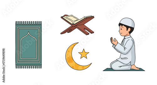 Islamic Symbols and Practices Boy Praying Quran Prayer Mat Crescent Moon and Star Ramadan Eid Religious Education