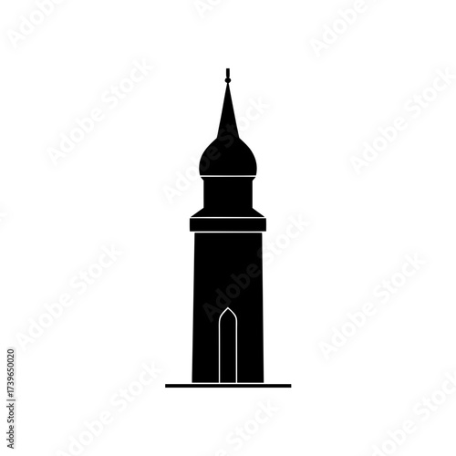 Silhouette of a tall tower with a pointed spire and rounded dome on top in black and white design image on transparent background