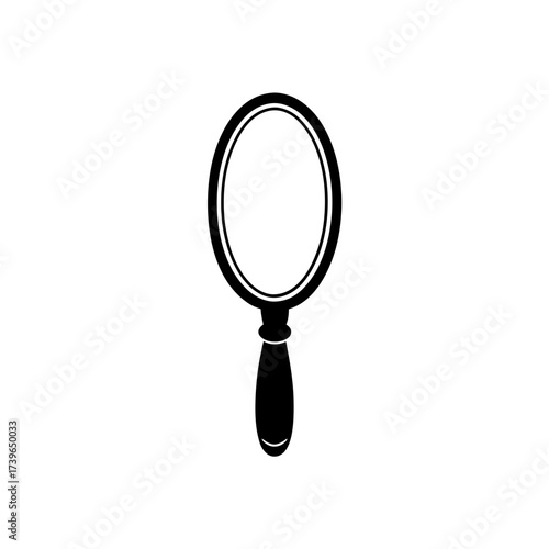 Illustration of a handheld mirror with an oval reflective surface and a rounded handle design in black color on transparent background silhouette