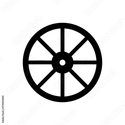 Illustration of a simple black wagon wheel with eight spokes and a central hub design element image on transparent background silhouette