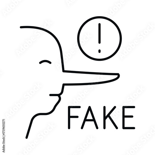 Icon representing the concept of fake news with a simplistic line drawing of a character showing deception and a warning sign