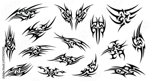 Vector illustration of set of abstract tribal tattoo designs in black, featuring sharp lines and intricate patterns