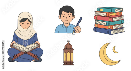Children Learning Islamic Studies Girl in Hijab Reading Quran Boy Writing Stack of Books Arabic Lantern Crescent Moon Icons for Education Culture