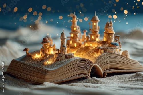 Miniature castle on open book, sand and glowing lights add magic. Evokes wonder, great for fantasy, children's content, and creative projects.