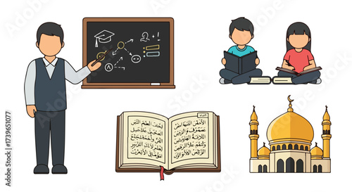 Islamic Education Concept Vector Illustration Teacher Students Quran Mosque Icons