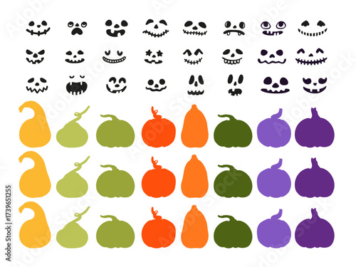 Set of scary and spooky pumpkin faces for Happy Halloween. Bright pumpkins and silhouette jack o'lantern expressions, eyes and mouths for design your own monster characters.