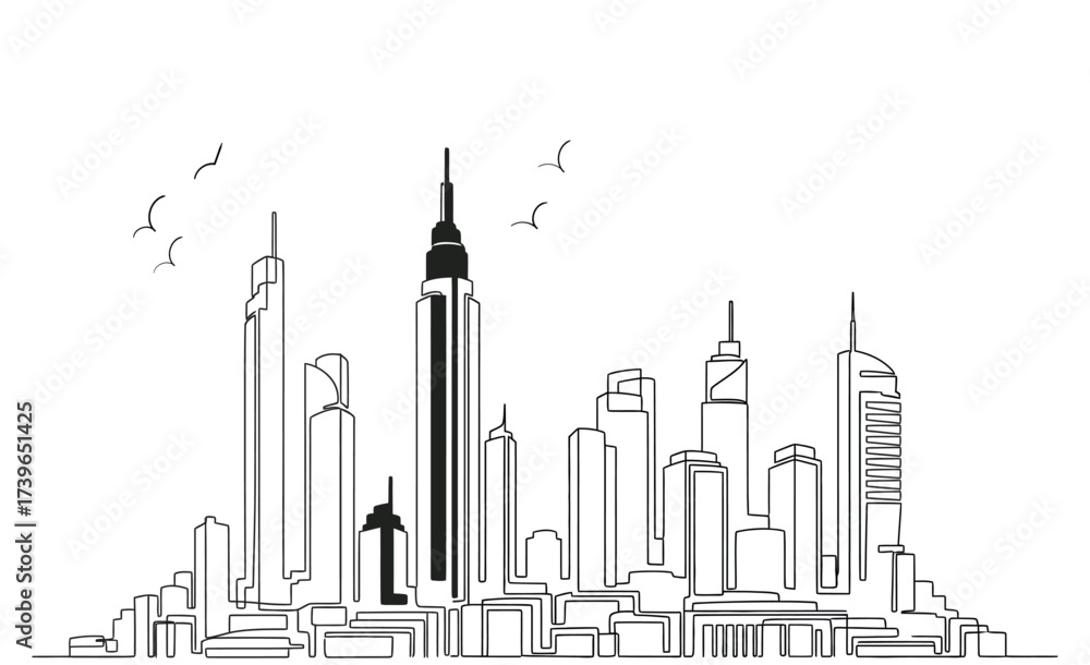 Naklejka premium Stylized single line urban skyline architecture isolated on white background