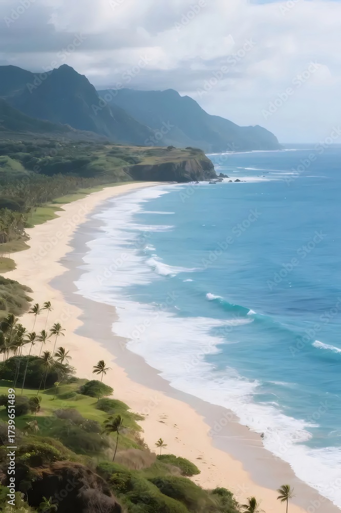 Fototapeta premium Sandy Tropical Shoreline with Turquoise Waves