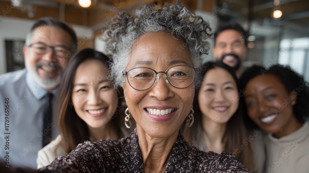 Obraz premium Smiling diverse colleagues take a selfie together indoors at the office. Showcase teamwork, inclusivity, and positive company culture concepts.