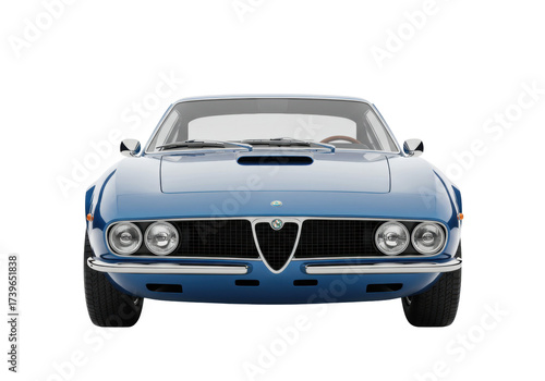 Isolated blue Italian classic car, front view, vintage automotive icon, design aesthetic