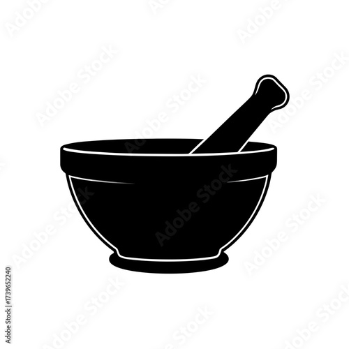 Illustration of a black mortar and pestle set used for grinding substances in a kitchen or laboratory on transparent background silhouette