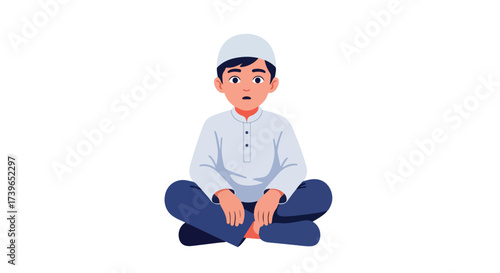 Muslim Boy Wearing White Kufi and Kurta Sitting Cross legged Cultural Illustration