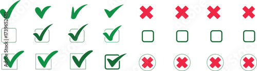 Check tick mark icon set. Cross box x check mark checkbox v list vector draw hand drawn sketch doodle brush marker checklist symbol wrong right circle.