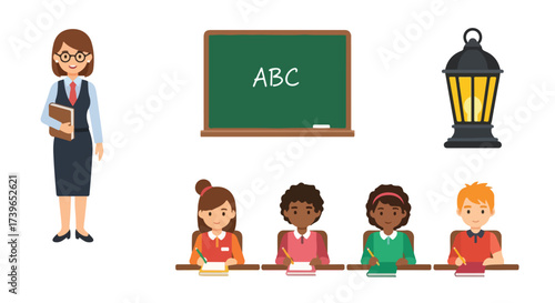 Teacher with Students and Blackboard in Classroom with Lantern Education Concept