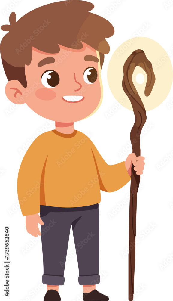 Fototapeta premium Cartoon Style Boy Holding Magic Staff with Glowing Light Illustration