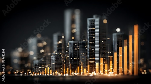 Modern Night City Skyline with Illuminated Skyscrapers and Bright Financial Graphs