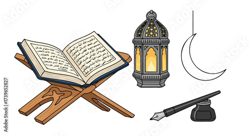 Islamic Holy Book Quran Ramadan Lantern Crescent Moon and Calligraphy Pen for Religious and Cultural Content