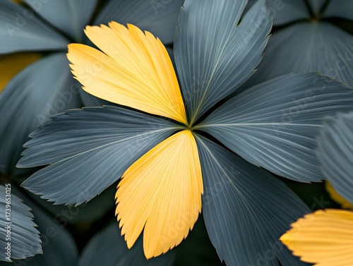 Botanical close up with vibrant yellow and grey tropical palmate leaves design concept