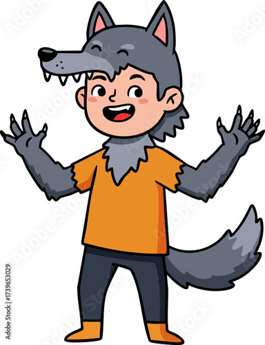 Cartoon Cheerful Boy in Wolf Costume for Halloween Party Celebration