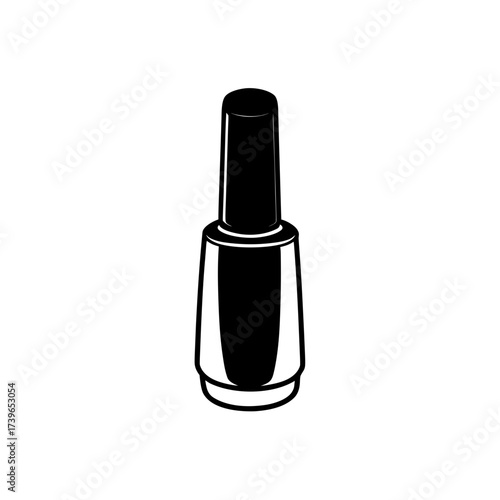 Illustration of a black nail polish bottle with a cylindrical cap and a trapezoidal body shape design on transparent background silhouette