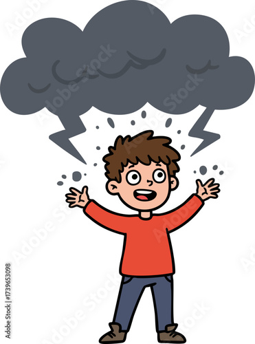 Cartoonish Flat Illustration Worried Man Under Dark Cloud with Lightning