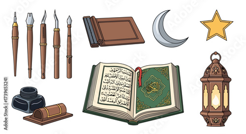 Islamic Art Calligraphy Tools Set Quran Pens Inkwell Moon Star and Lantern Traditional Arabic Script Design Elements
