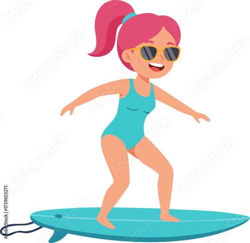 Cartoon Style Surfing Girl Illustration with Pink Hair and Sunglasses