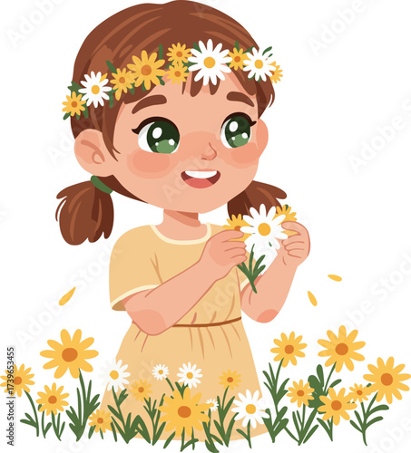 Cute Cartoon Style Little Girl with Daisy Flower Illustration