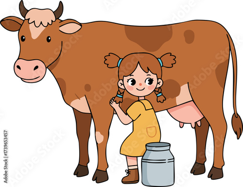 Cute Cartoon Girl Milking Brown Cow on Farm Illustration