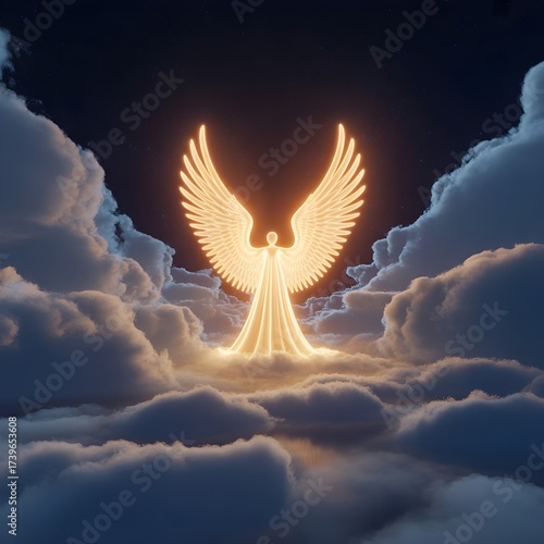 Spiritual Angel of Light Floating Among Clouds