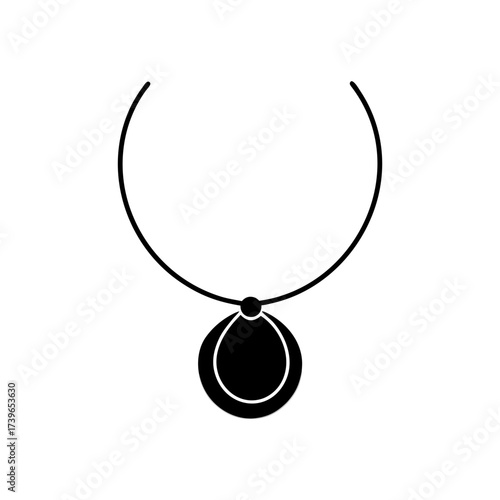 Simple necklace with round pendant and thin chain displayed in a minimalist black and white design style on transparent background silhouette
