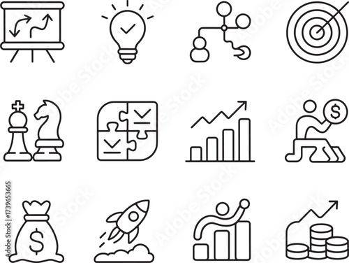 Business strategy and financial growth icons representing planning success creativity teamwork leadership profit innovation and market direction