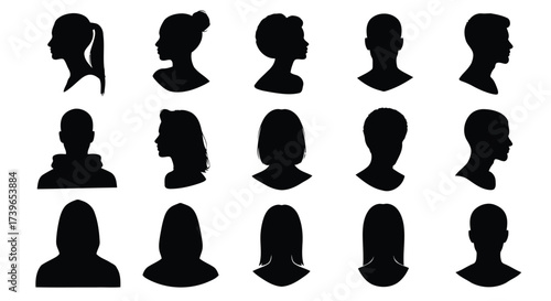 Vector illustration of diverse silhouette profile icons of men and women, showcasing various hairstyles and headwear